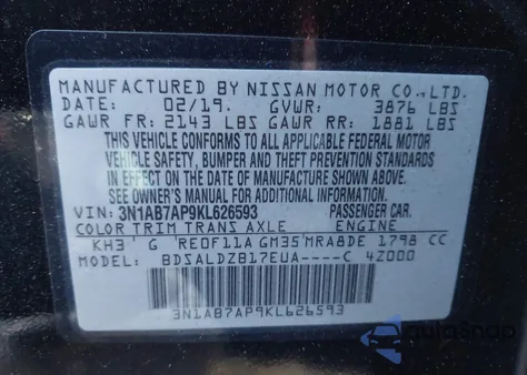 2019 Nissan Sentra Sv from USA, damaged, VIN 3N1AB7AP9KL626593